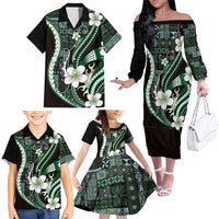 Samoa Siapo Tribal Pattern Family Matching Off The Shoulder Long Sleeve Dress and Hawaiian Shirt Forest Green Polynesian Plumeria Tapa Motif