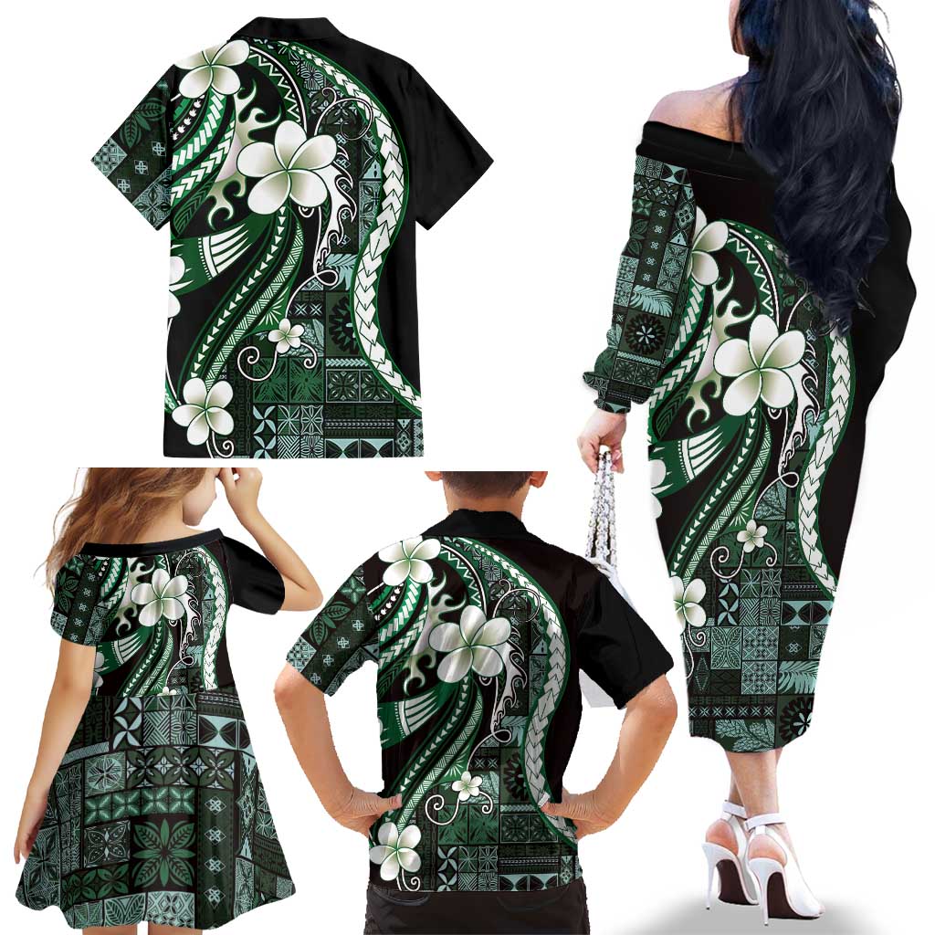 Samoa Siapo Tribal Pattern Family Matching Off The Shoulder Long Sleeve Dress and Hawaiian Shirt Forest Green Polynesian Plumeria Tapa Motif