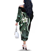 Samoa Siapo Tribal Pattern Family Matching Off The Shoulder Long Sleeve Dress and Hawaiian Shirt Forest Green Polynesian Plumeria Tapa Motif