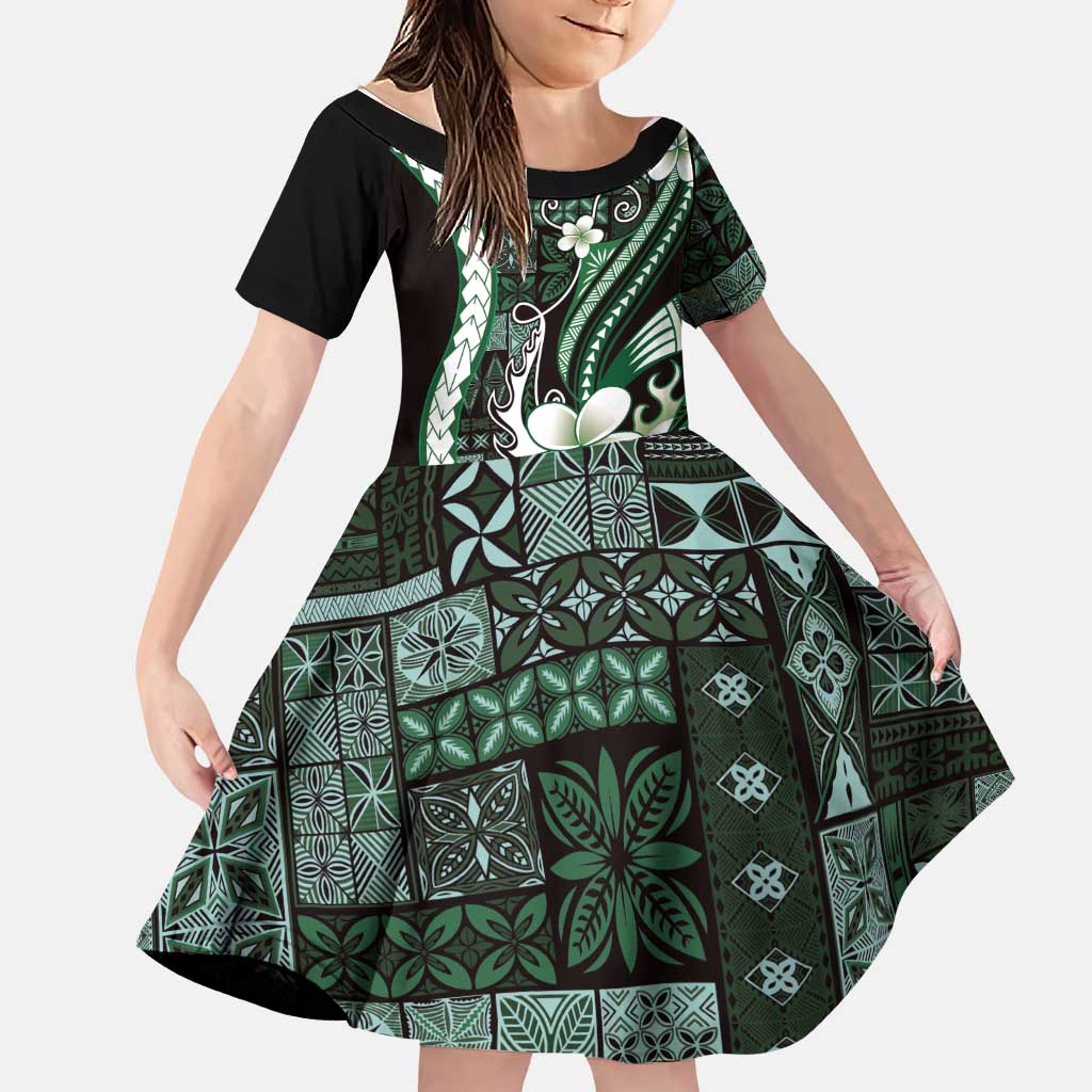 Samoa Siapo Tribal Pattern Family Matching Off Shoulder Maxi Dress and Hawaiian Shirt Forest Green Polynesian Plumeria Tapa Motif