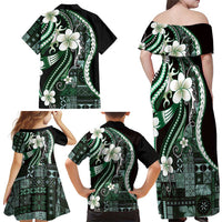 Samoa Siapo Tribal Pattern Family Matching Off Shoulder Maxi Dress and Hawaiian Shirt Forest Green Polynesian Plumeria Tapa Motif