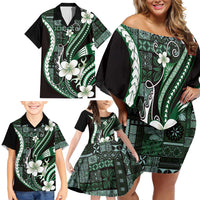 Samoa Siapo Tribal Pattern Family Matching Off Shoulder Short Dress and Hawaiian Shirt Forest Green Polynesian Plumeria Tapa Motif