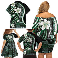 Samoa Siapo Tribal Pattern Family Matching Off Shoulder Short Dress and Hawaiian Shirt Forest Green Polynesian Plumeria Tapa Motif