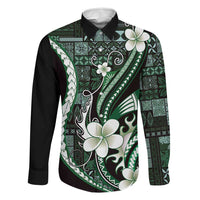 Samoa Siapo Tribal Pattern Family Matching Off Shoulder Short Dress and Hawaiian Shirt Forest Green Polynesian Plumeria Tapa Motif