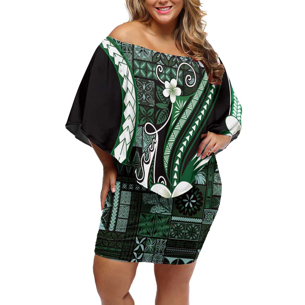 Samoa Siapo Tribal Pattern Family Matching Off Shoulder Short Dress and Hawaiian Shirt Forest Green Polynesian Plumeria Tapa Motif