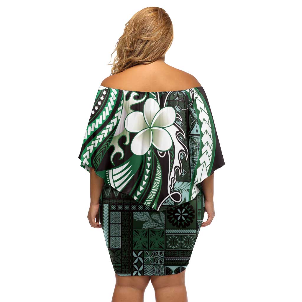 Samoa Siapo Tribal Pattern Family Matching Off Shoulder Short Dress and Hawaiian Shirt Forest Green Polynesian Plumeria Tapa Motif