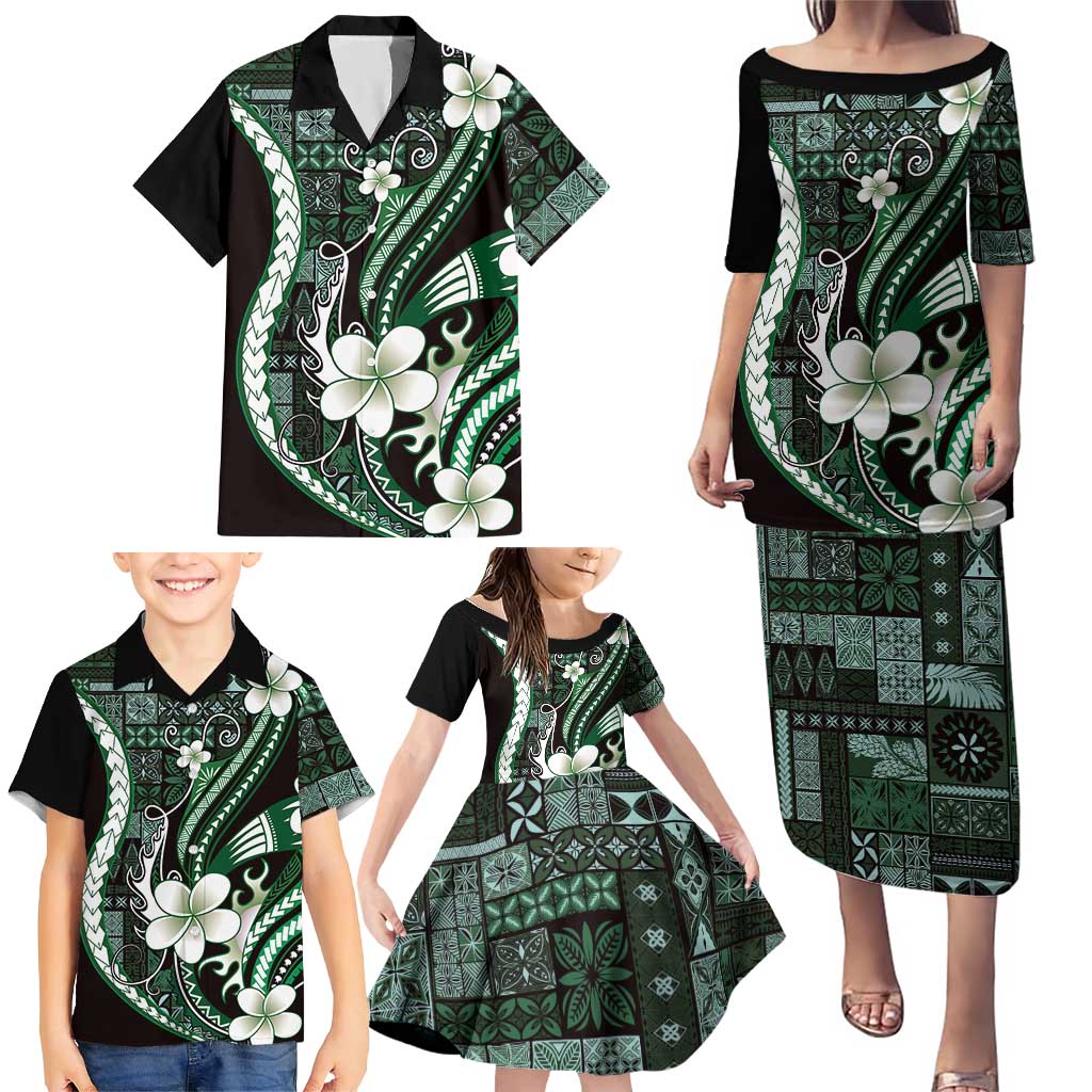 Samoa Siapo Tribal Pattern Family Matching Puletasi and Hawaiian Shirt Forest Green Polynesian Plumeria Tapa Motif LT9 - Polynesian Pride