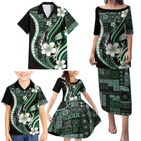 Samoa Siapo Tribal Pattern Family Matching Puletasi and Hawaiian Shirt Forest Green Polynesian Plumeria Tapa Motif