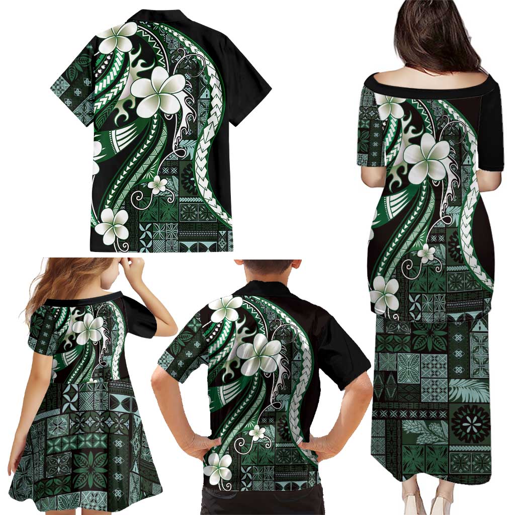 Samoa Siapo Tribal Pattern Family Matching Puletasi and Hawaiian Shirt Forest Green Polynesian Plumeria Tapa Motif