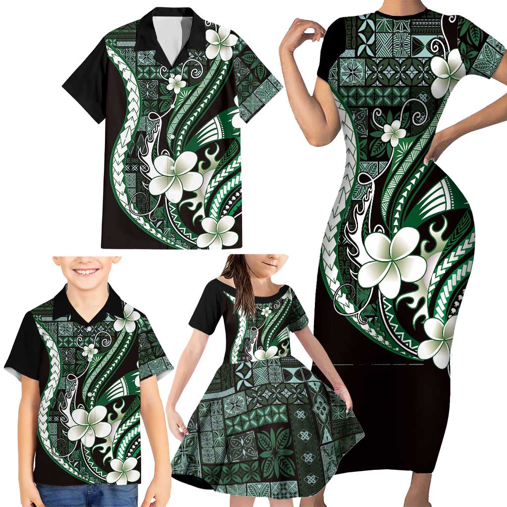 Samoa Siapo Tribal Pattern Family Matching Short Sleeve Bodycon Dress and Hawaiian Shirt Forest Green Polynesian Plumeria Tapa Motif