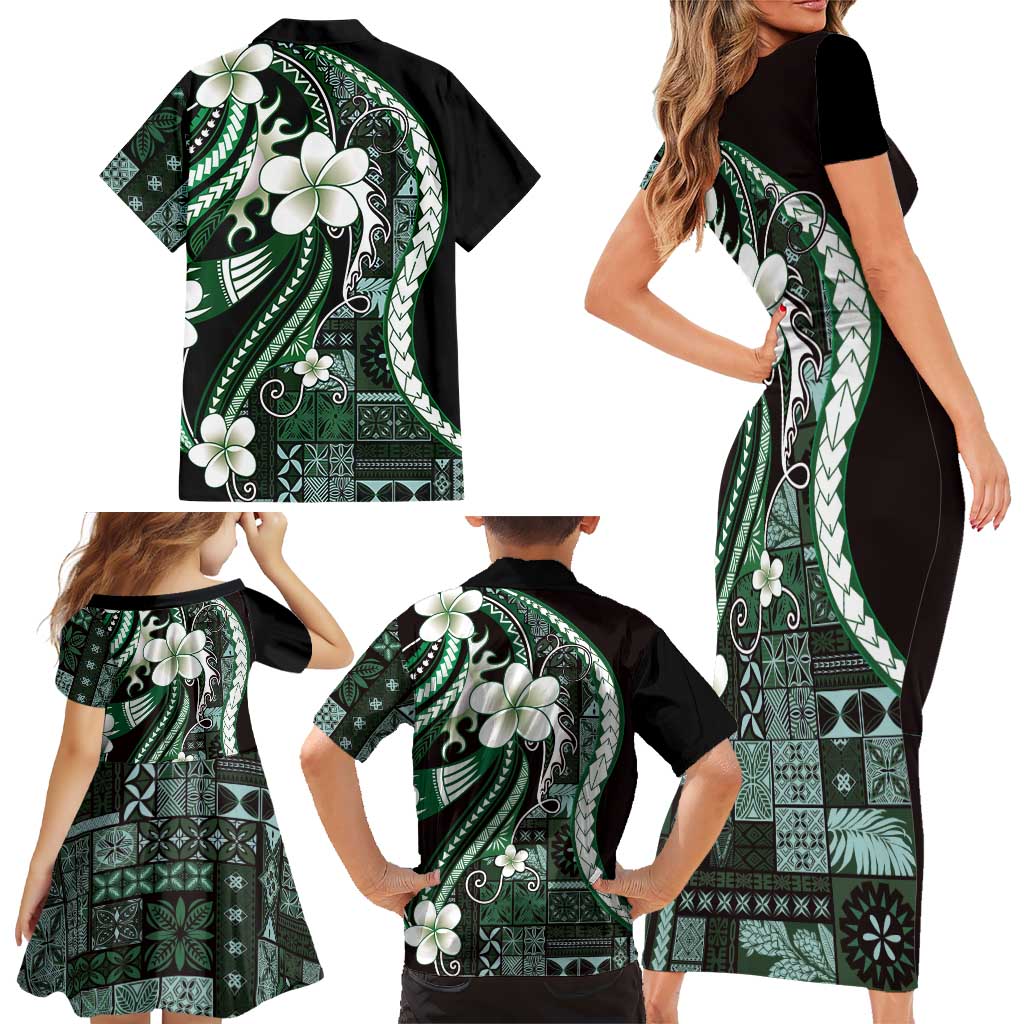 Samoa Siapo Tribal Pattern Family Matching Short Sleeve Bodycon Dress and Hawaiian Shirt Forest Green Polynesian Plumeria Tapa Motif