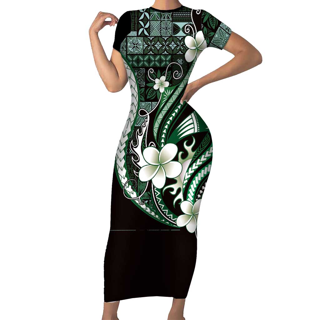 Samoa Siapo Tribal Pattern Family Matching Short Sleeve Bodycon Dress and Hawaiian Shirt Forest Green Polynesian Plumeria Tapa Motif