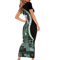 Samoa Siapo Tribal Pattern Family Matching Short Sleeve Bodycon Dress and Hawaiian Shirt Forest Green Polynesian Plumeria Tapa Motif