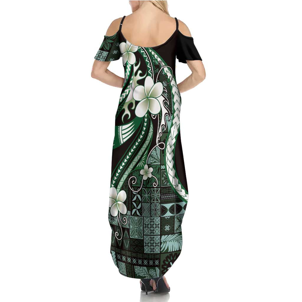 Samoa Siapo Tribal Pattern Family Matching Summer Maxi Dress and Hawaiian Shirt Forest Green Polynesian Plumeria Tapa Motif