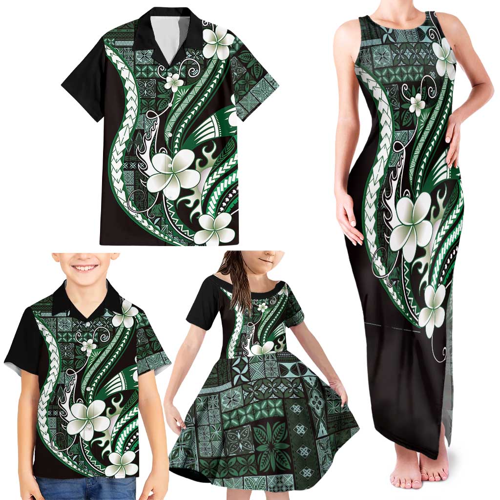 Samoa Siapo Tribal Pattern Family Matching Tank Maxi Dress and Hawaiian Shirt Forest Green Polynesian Plumeria Tapa Motif LT9 - Polynesian Pride