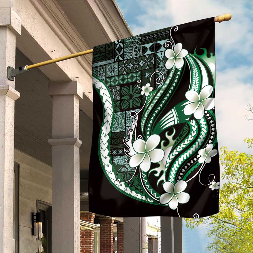 Samoa Siapo Tribal Pattern Garden Flag Forest Green Polynesian Plumeria Tapa Motif