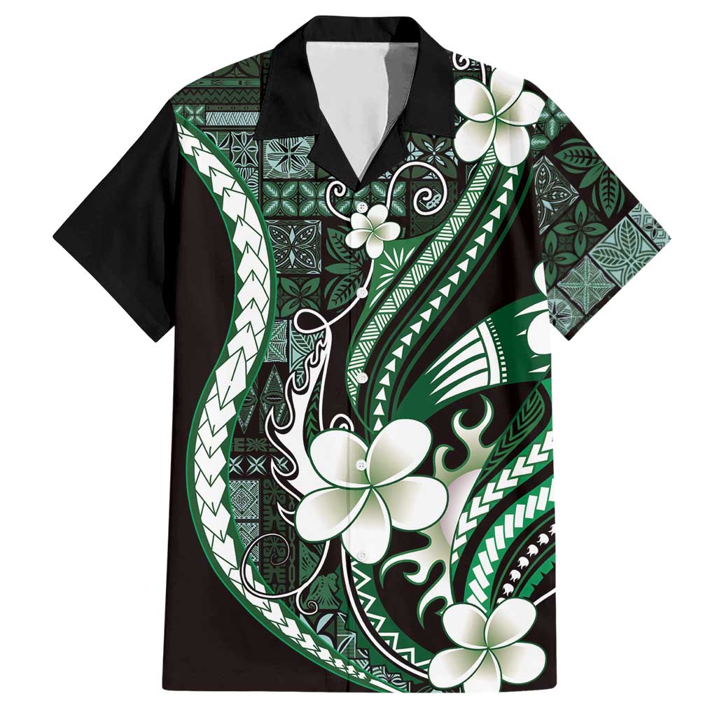 Samoa Siapo Tribal Pattern Hawaiian Shirt Forest Green Polynesian Plumeria Tapa Motif