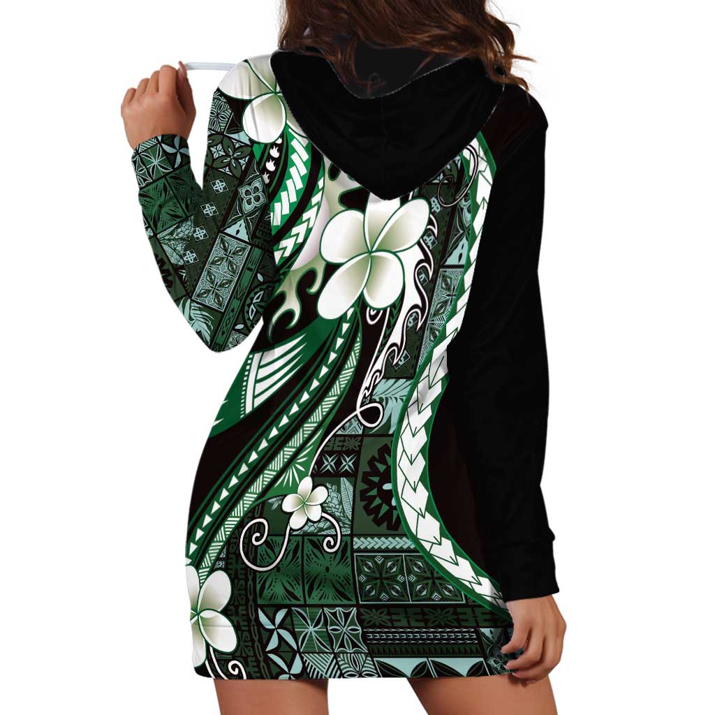 Samoa Siapo Tribal Pattern Hoodie Dress Forest Green Polynesian Plumeria Tapa Motif LT9 - Polynesian Pride