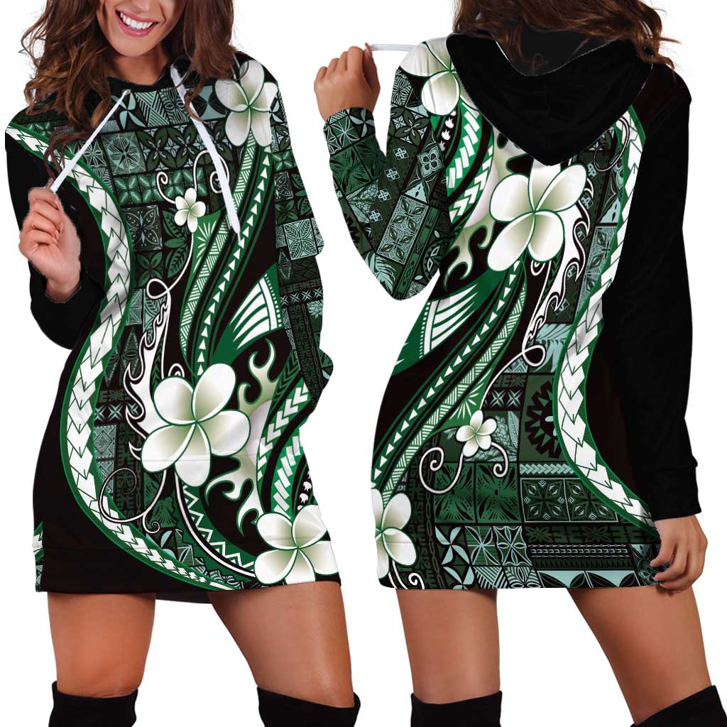 Samoa Siapo Tribal Pattern Hoodie Dress Forest Green Polynesian Plumeria Tapa Motif LT9 - Polynesian Pride