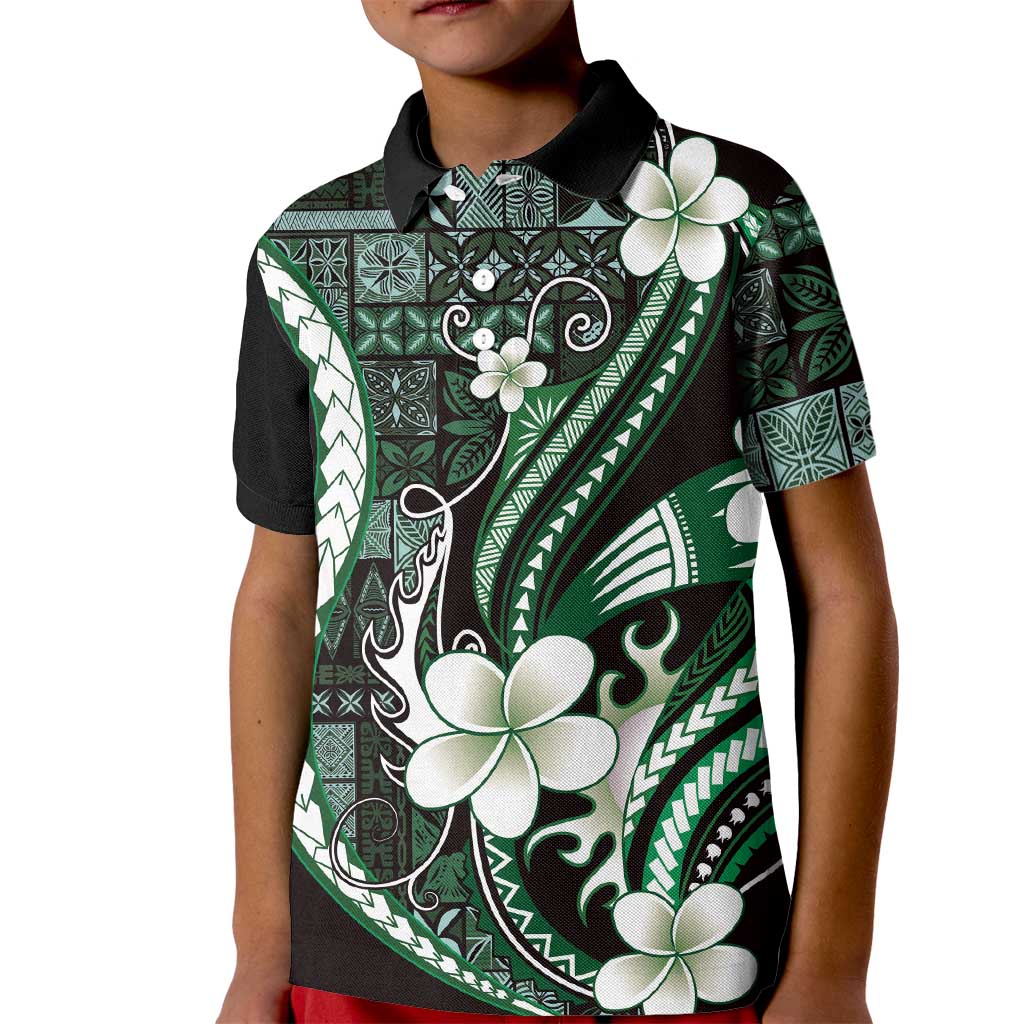 Samoa Siapo Tribal Pattern Kid Polo Shirt Forest Green Polynesian Plumeria Tapa Motif LT9 Kid Green - Polynesian Pride