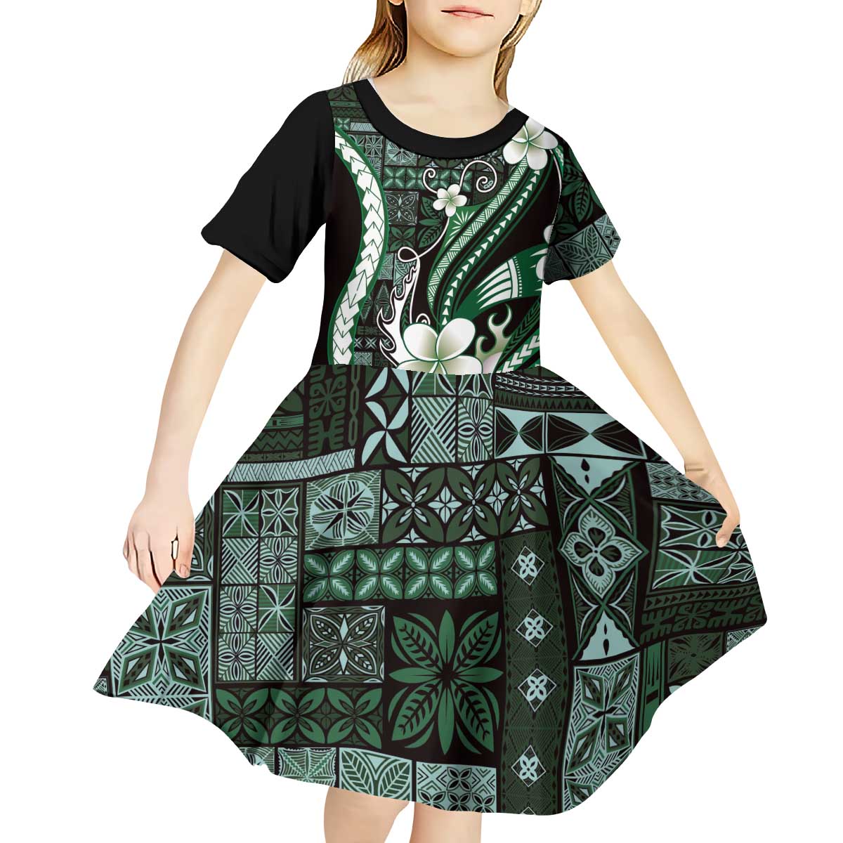 Samoa Siapo Tribal Pattern Kid Short Sleeve Dress Forest Green Polynesian Plumeria Tapa Motif LT9 - Polynesian Pride
