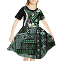 Samoa Siapo Tribal Pattern Kid Short Sleeve Dress Forest Green Polynesian Plumeria Tapa Motif LT9 - Polynesian Pride