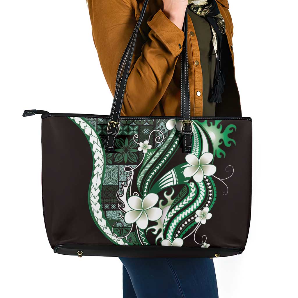 Samoa Siapo Tribal Pattern Leather Tote Bag Forest Green Polynesian Plumeria Tapa Motif LT9 - Polynesian Pride