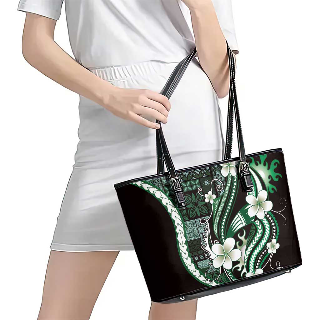 Samoa Siapo Tribal Pattern Leather Tote Bag Forest Green Polynesian Plumeria Tapa Motif LT9 - Polynesian Pride