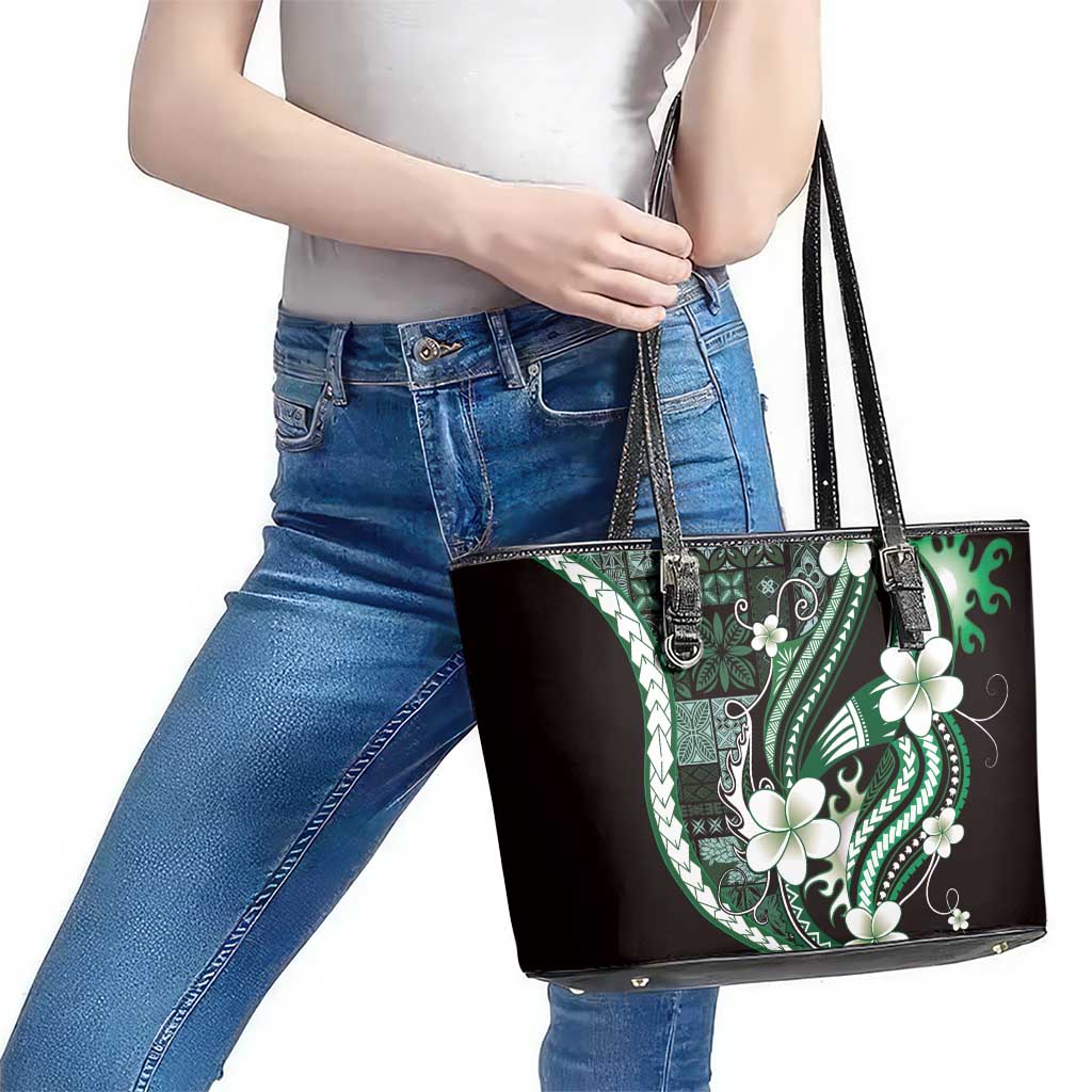 Samoa Siapo Tribal Pattern Leather Tote Bag Forest Green Polynesian Plumeria Tapa Motif LT9 - Polynesian Pride