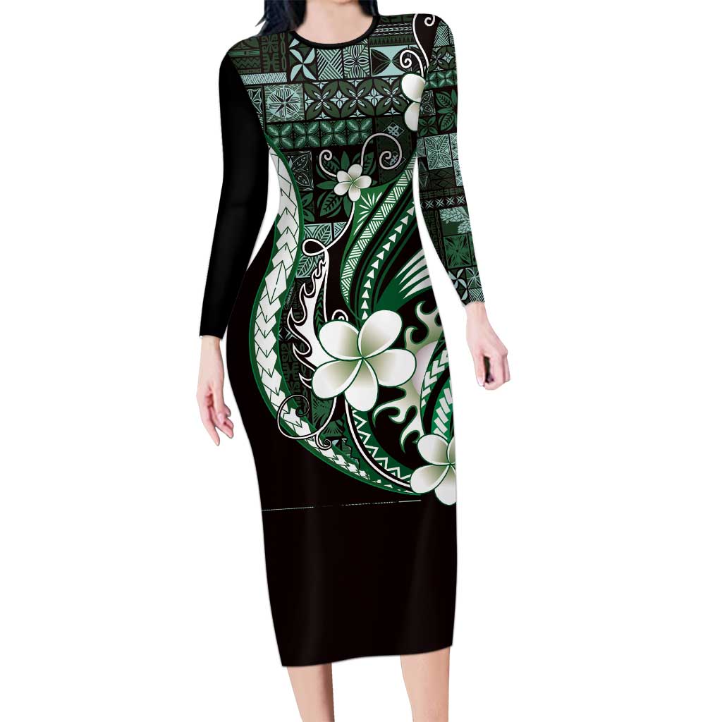 Samoa Siapo Tribal Pattern Long Sleeve Bodycon Dress Forest Green Polynesian Plumeria Tapa Motif LT9 Long Dress Green - Polynesian Pride