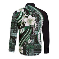 Samoa Siapo Tribal Pattern Long Sleeve Button Shirt Forest Green Polynesian Plumeria Tapa Motif LT9 - Polynesian Pride