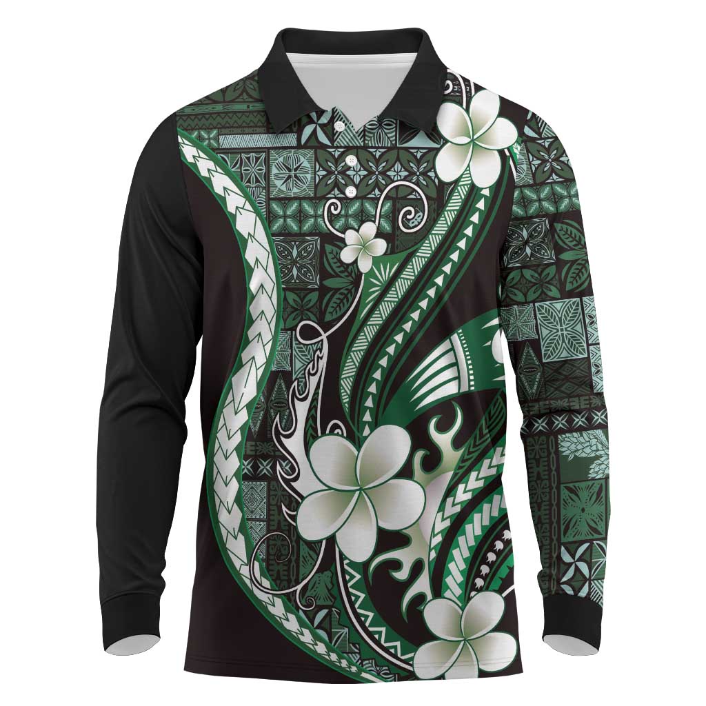 Samoa Siapo Tribal Pattern Long Sleeve Polo Shirt Forest Green Polynesian Plumeria Tapa Motif LT9 Green - Polynesian Pride