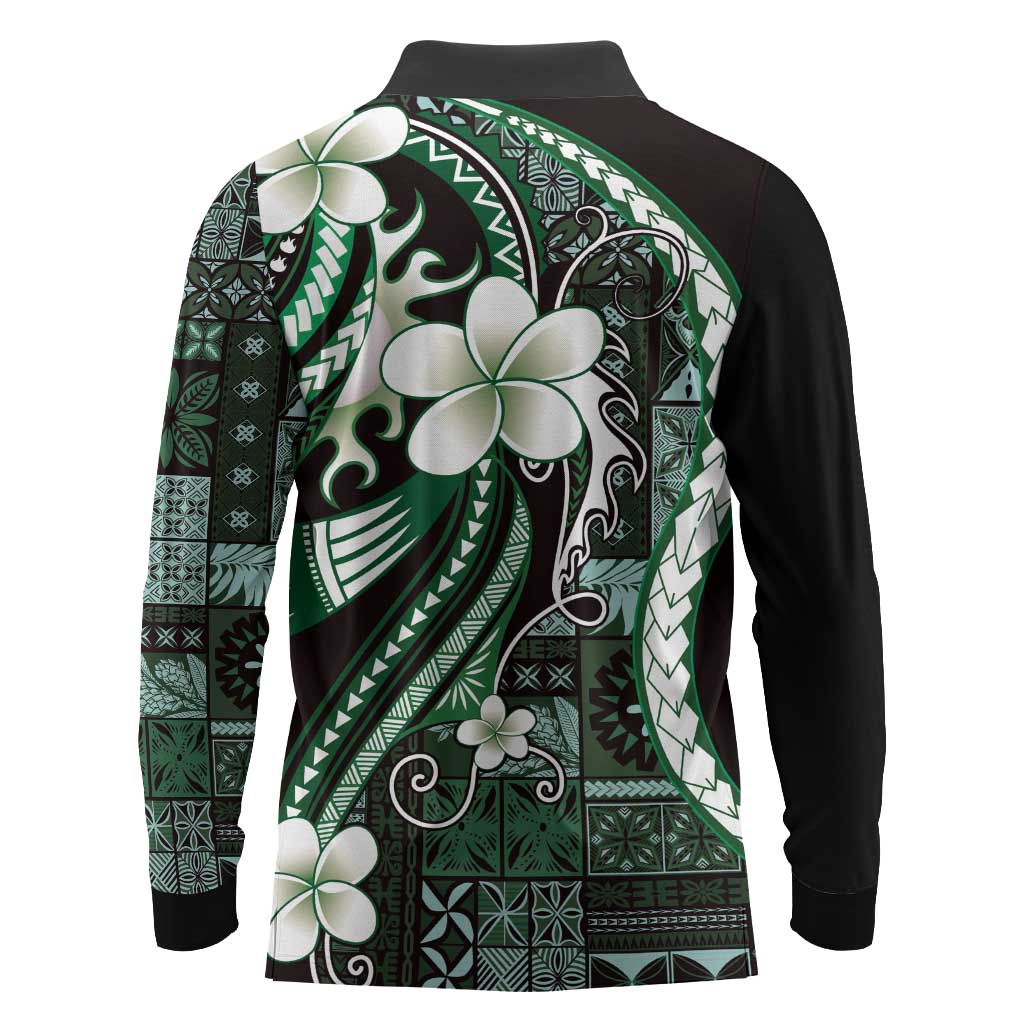 Samoa Siapo Tribal Pattern Long Sleeve Polo Shirt Forest Green Polynesian Plumeria Tapa Motif LT9 - Polynesian Pride