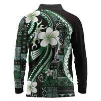 Samoa Siapo Tribal Pattern Long Sleeve Polo Shirt Forest Green Polynesian Plumeria Tapa Motif LT9 - Polynesian Pride