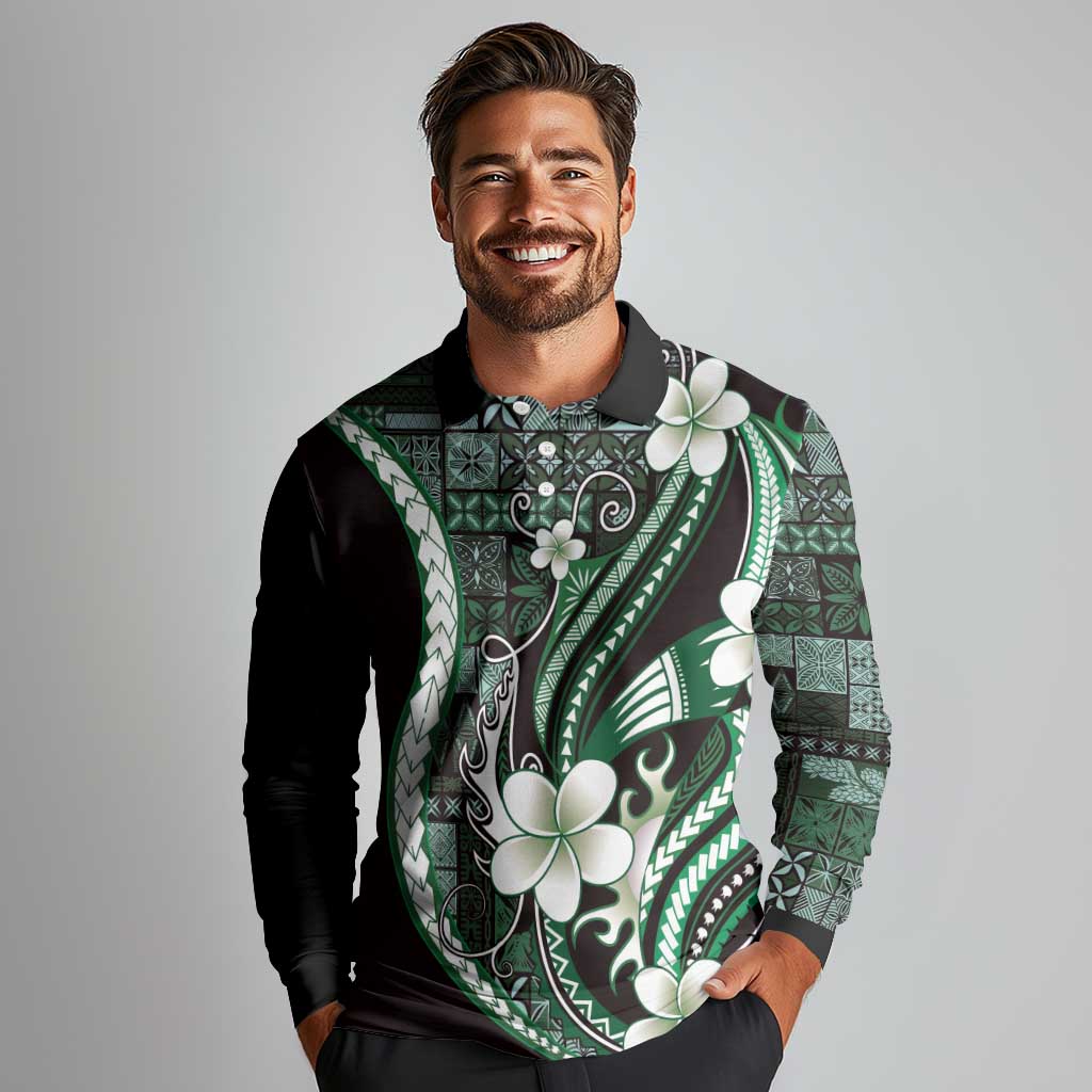 Samoa Siapo Tribal Pattern Long Sleeve Polo Shirt Forest Green Polynesian Plumeria Tapa Motif LT9 - Polynesian Pride