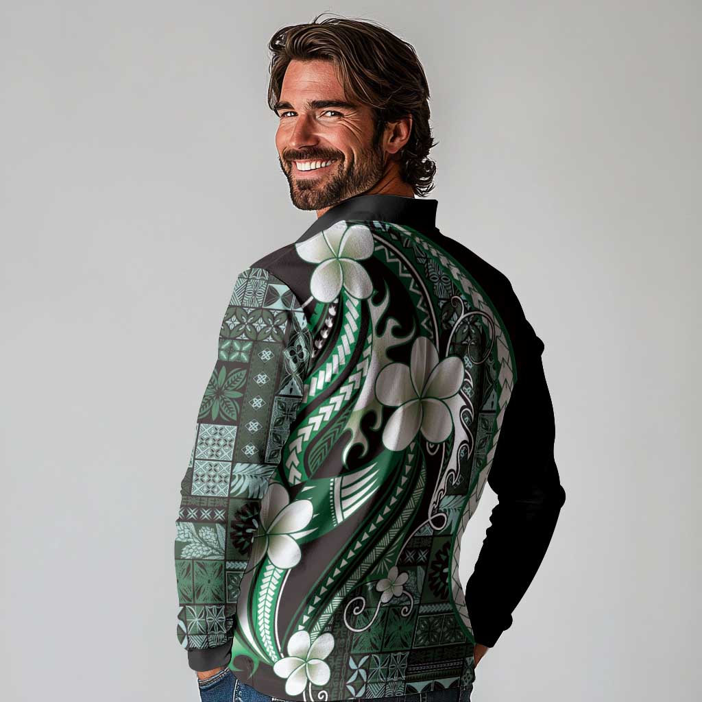 Samoa Siapo Tribal Pattern Long Sleeve Polo Shirt Forest Green Polynesian Plumeria Tapa Motif LT9 - Polynesian Pride