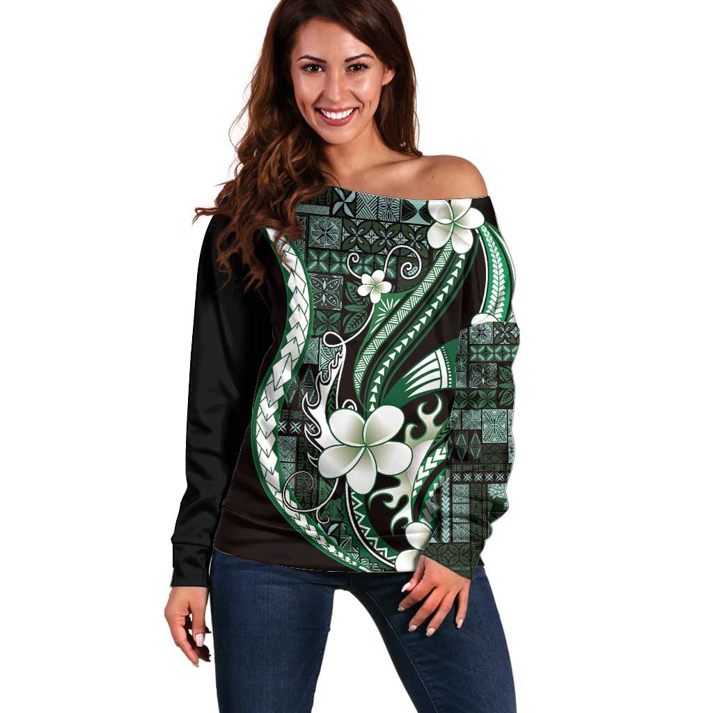Samoa Siapo Tribal Pattern Off Shoulder Sweater Forest Green Polynesian Plumeria Tapa Motif LT9 Women Green - Polynesian Pride