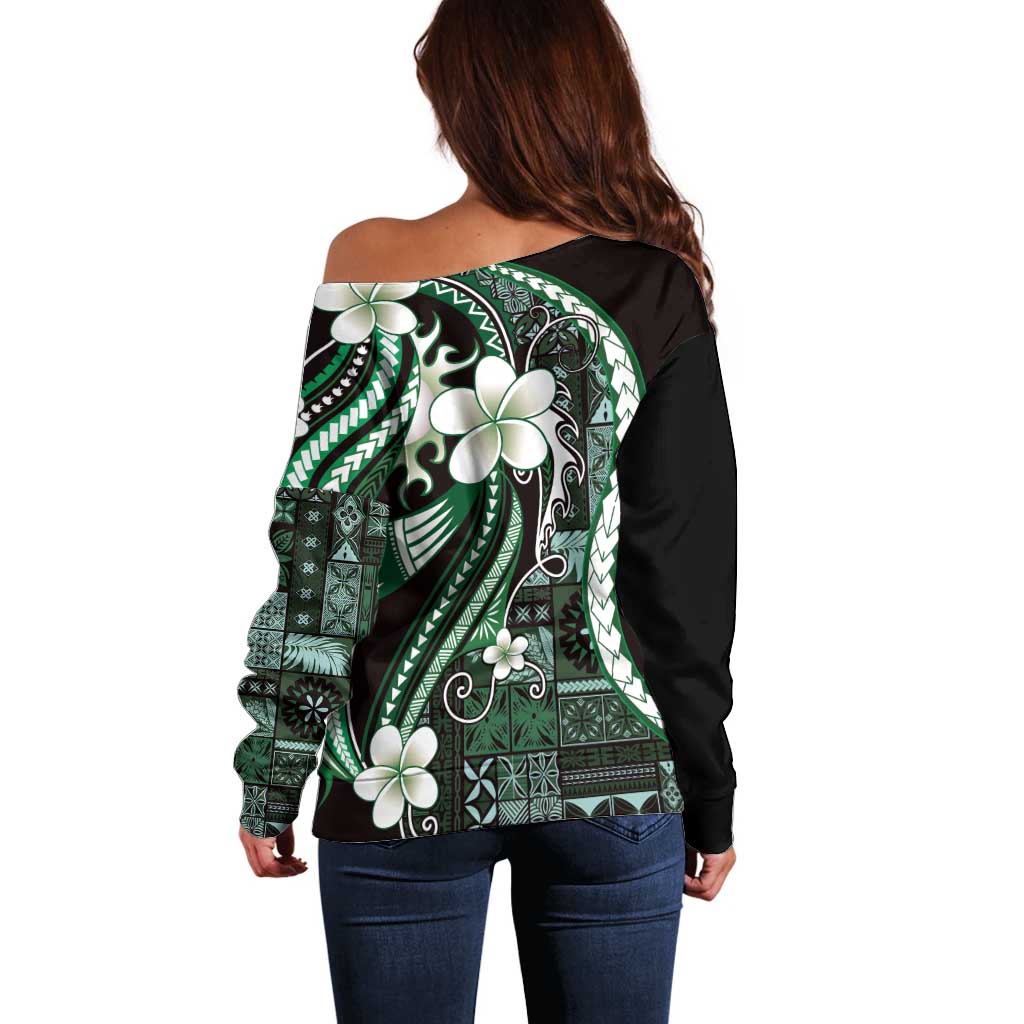 Samoa Siapo Tribal Pattern Off Shoulder Sweater Forest Green Polynesian Plumeria Tapa Motif LT9 - Polynesian Pride