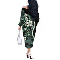 Samoa Siapo Tribal Pattern Off The Shoulder Long Sleeve Dress Forest Green Polynesian Plumeria Tapa Motif