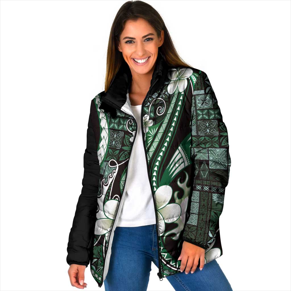 Samoa Siapo Tribal Pattern Padded Jacket Forest Green Polynesian Plumeria Tapa Motif LT9 Women Green - Polynesian Pride