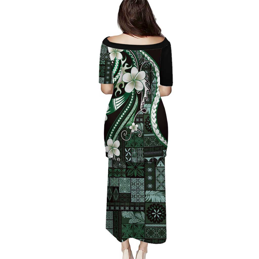 Samoa Siapo Tribal Pattern Puletasi Forest Green Polynesian Plumeria Tapa Motif LT9 - Polynesian Pride