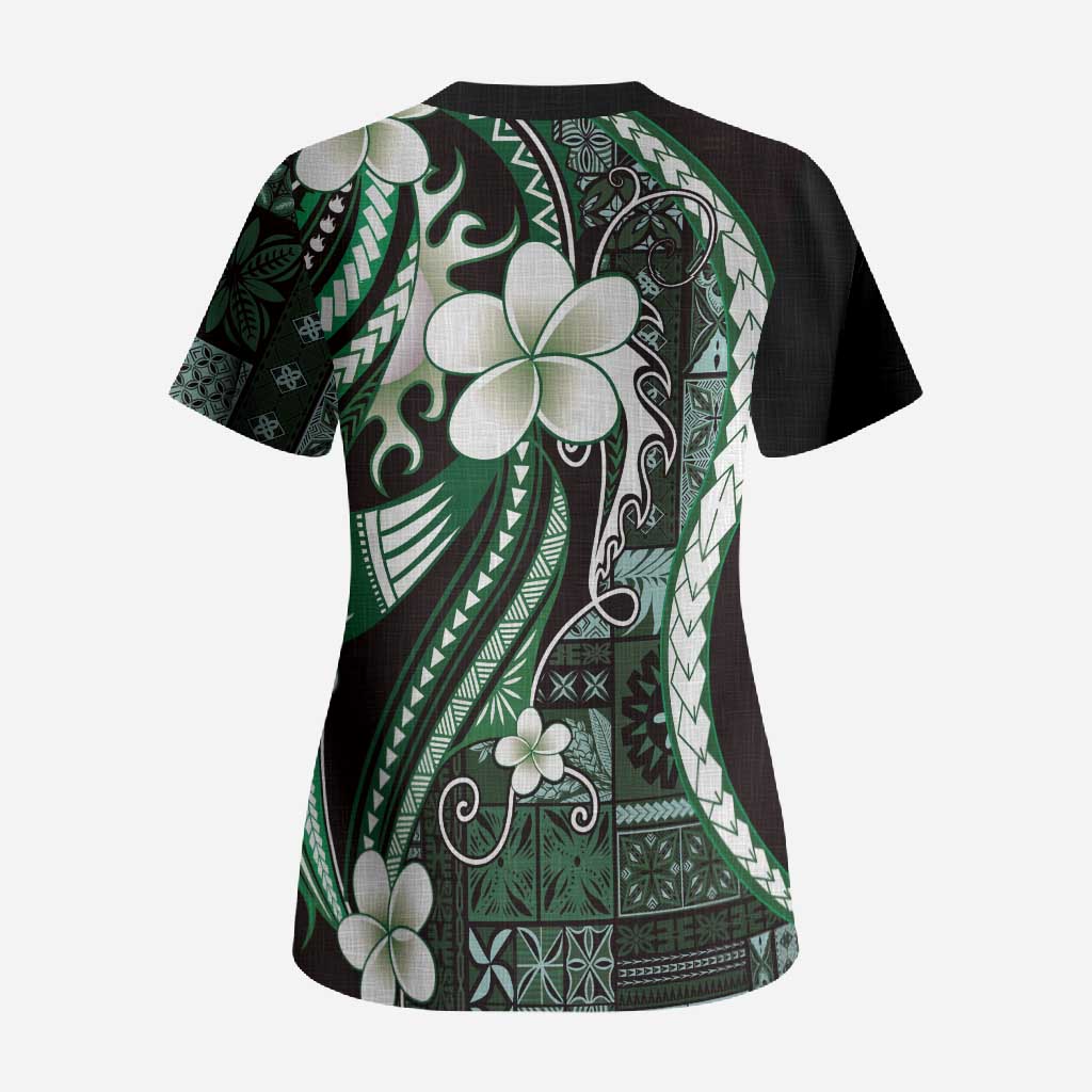 Samoa Siapo Tribal Pattern Scrub Top Forest Green Polynesian Plumeria Tapa Motif LT9 - Polynesian Pride
