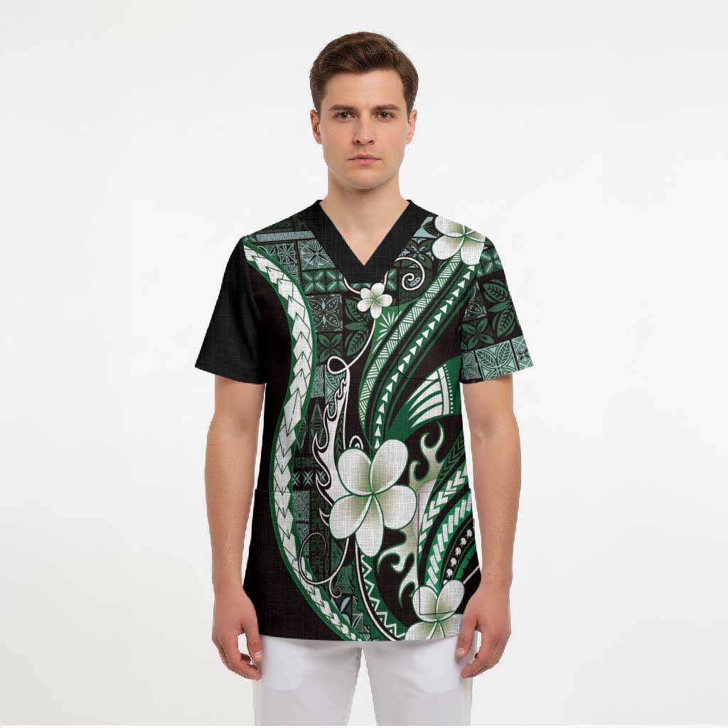 Samoa Siapo Tribal Pattern Scrub Top Forest Green Polynesian Plumeria Tapa Motif LT9 - Polynesian Pride