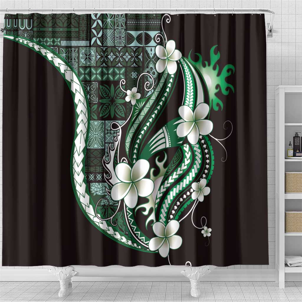 Samoa Siapo Tribal Pattern Shower Curtain Forest Green Polynesian Plumeria Tapa Motif LT9 - Polynesian Pride
