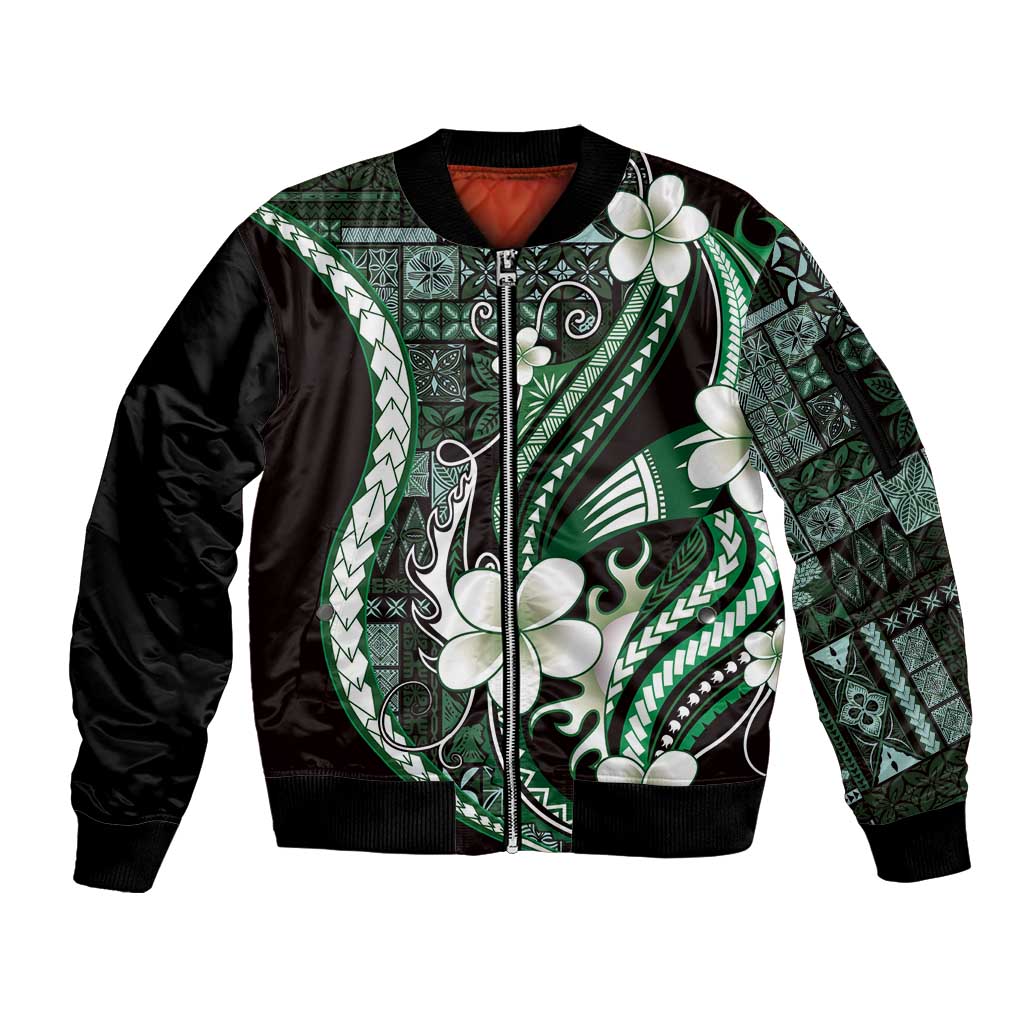 Samoa Siapo Tribal Pattern Sleeve Zip Bomber Jacket Forest Green Polynesian Plumeria Tapa Motif LT9 Unisex Green - Polynesian Pride