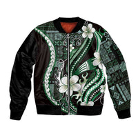 Samoa Siapo Tribal Pattern Sleeve Zip Bomber Jacket Forest Green Polynesian Plumeria Tapa Motif LT9 Unisex Green - Polynesian Pride