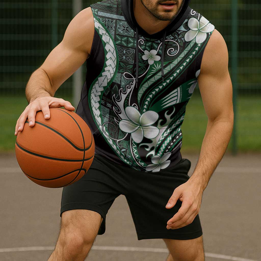 Samoa Siapo Tribal Pattern Sleeveless Hoodie Forest Green Polynesian Plumeria Tapa Motif LT9 - Polynesian Pride