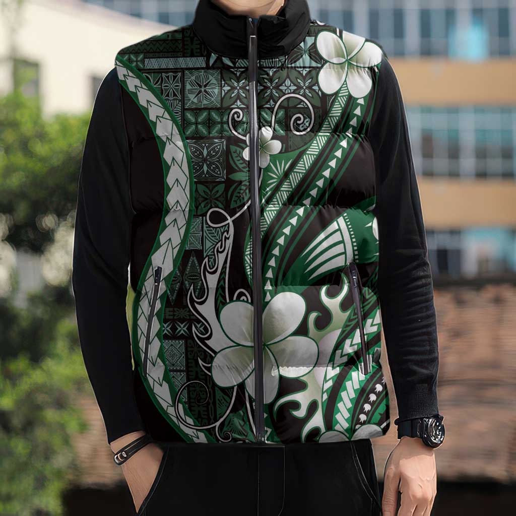 Samoa Siapo Tribal Pattern Sleeveless Puffer Jacket Forest Green Polynesian Plumeria Tapa Motif LT9 - Polynesian Pride