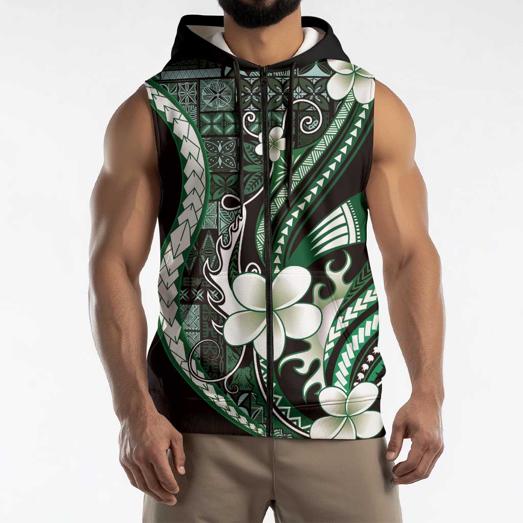 Samoa Siapo Tribal Pattern Sleeveless Zip Hoodie Forest Green Polynesian Plumeria Tapa Motif LT9 - Polynesian Pride