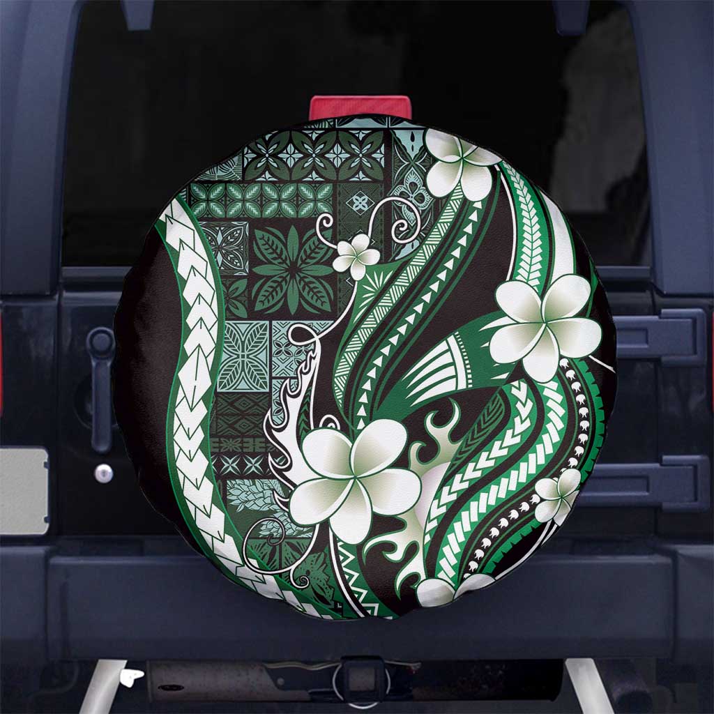 Samoa Siapo Tribal Pattern Spare Tire Cover Forest Green Polynesian Plumeria Tapa Motif